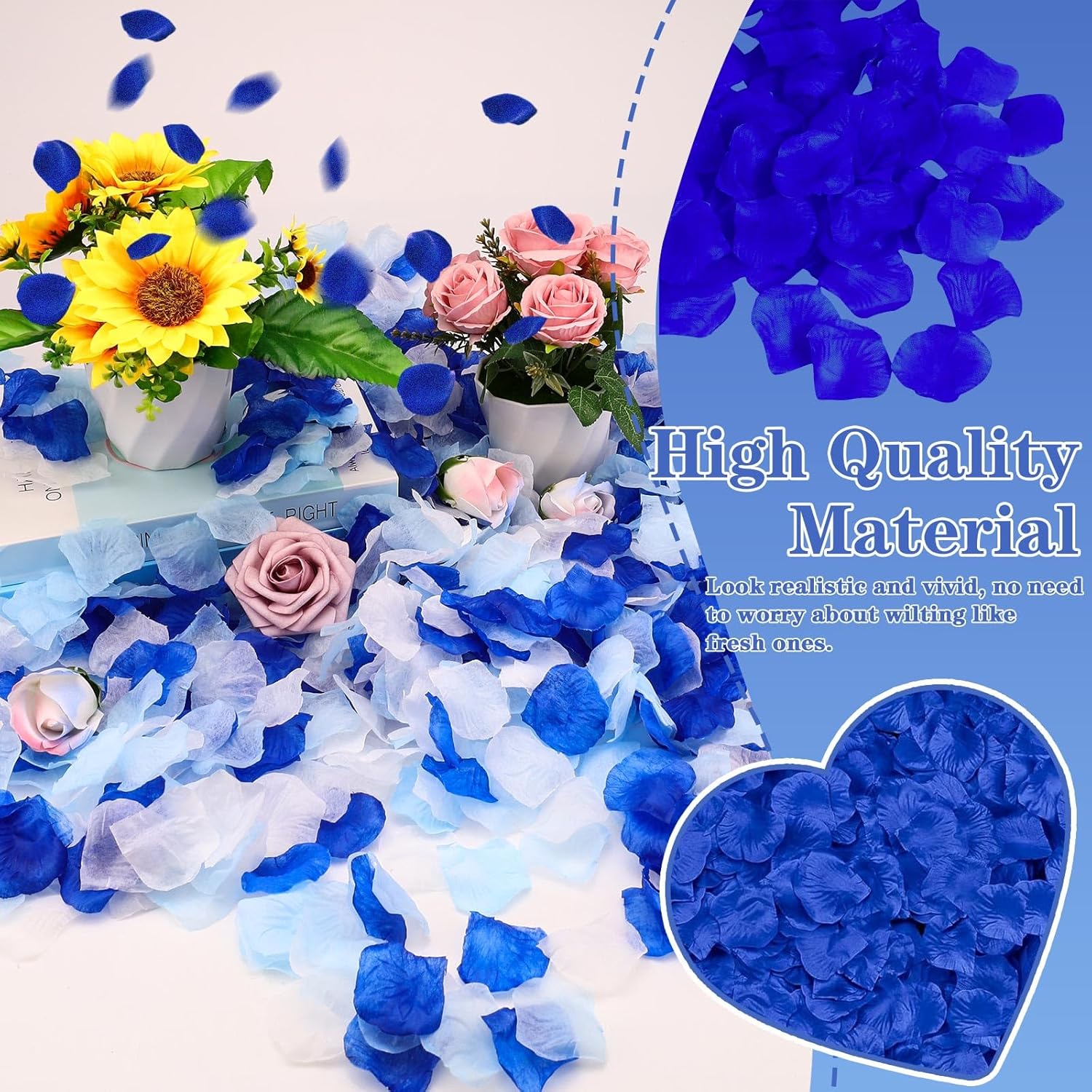 3000Pcs Fake Rose Petals, Artificial Flower Petals For Romantic Night, Valentine'S Day, Flower Girl Basket, Proposal, Wedding Decorations, Dark Blue+Light Blue+White