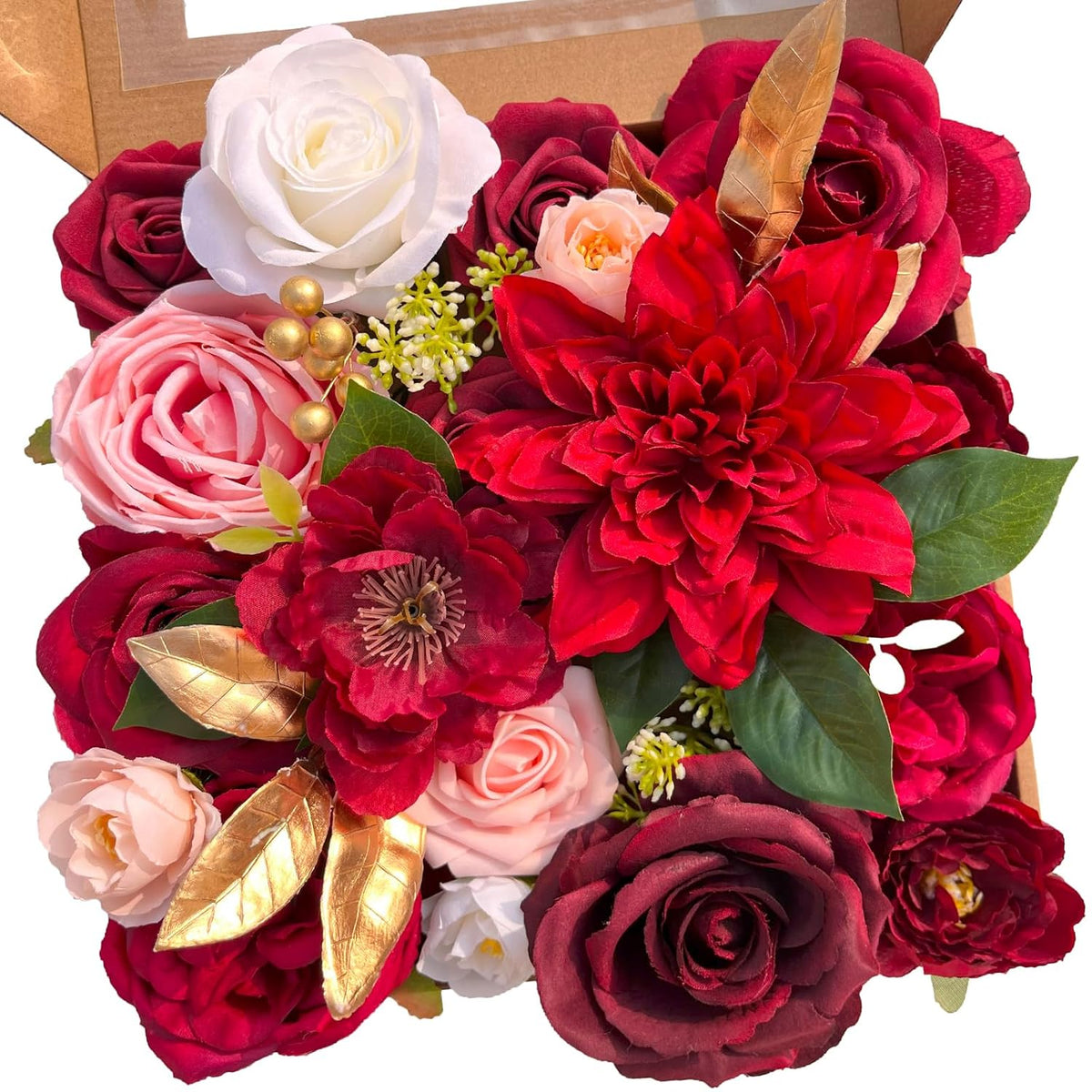 Artificial Flowers, Fake Cake Flowers Silk Roses With Stems Faux Burgundy Dahlia Wedding Bridal Bouquets For Table Centerpieces Floral Arrangement Arch Home Decoration