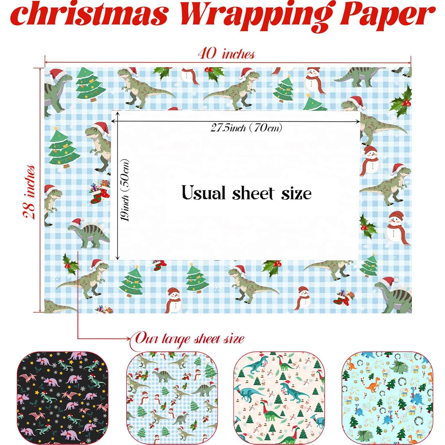 Dinosaurs Christmas Wrapping Paper For Boys Girls Kids - 8 Jumbo Sheets Cartoon Dinosaurs, Santa Hats And Snowman Designs - Diy Gift Wrap For Party Favors New Year Birthday Gift, 28"X40" (Dinosaur)