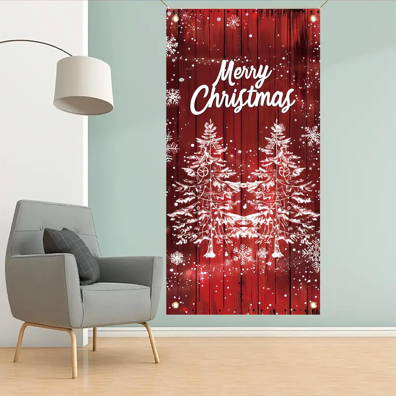 Merry Christmas Door Cover Banner 35X71 Inch Winter Holiday Red Wood Wall Backdrop Snowflake Tree Door Cover Seasonal Front Porch Hanging Welcome Sign For Xmas Decorations