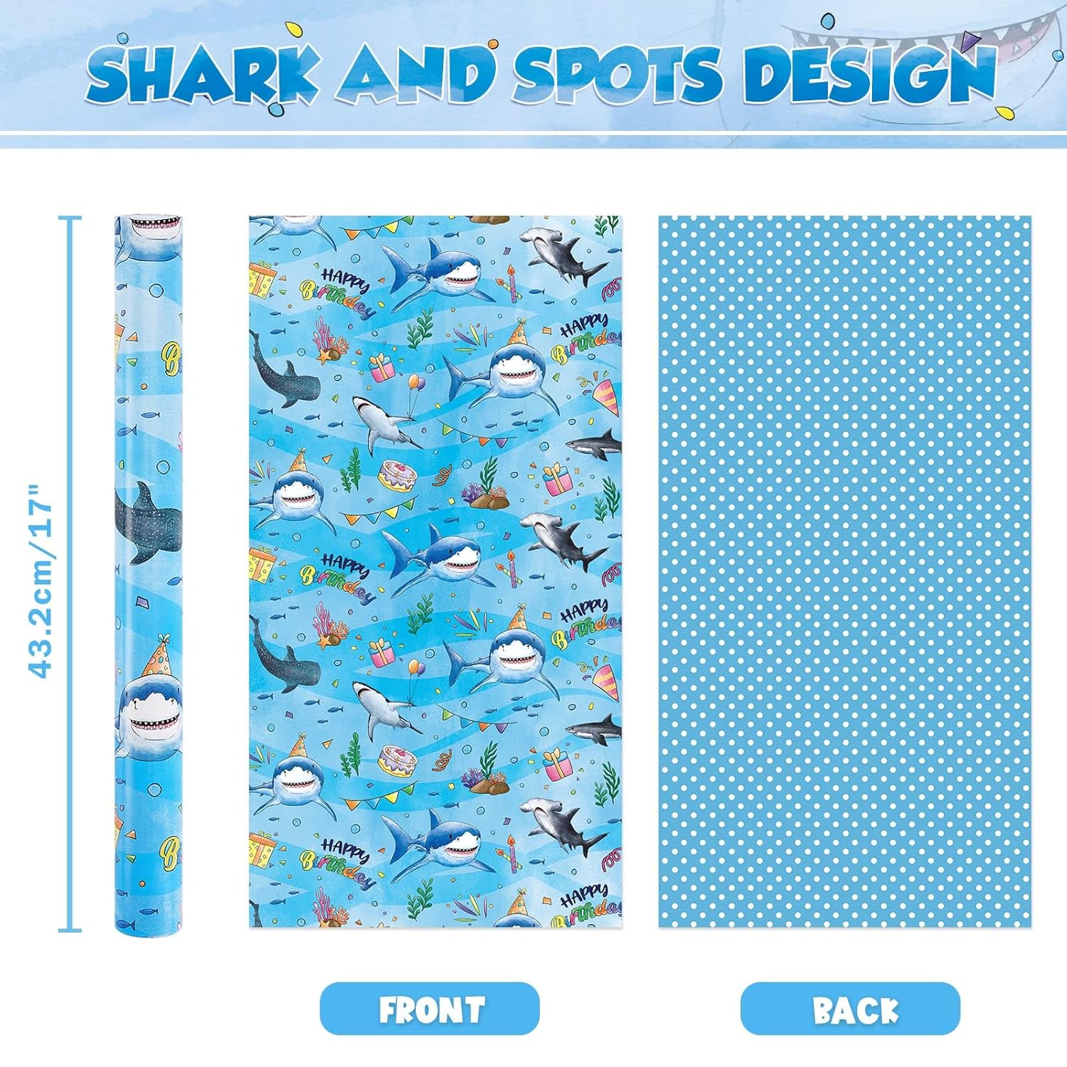 Shark Reversible Wrapping Paper Roll - 1 Roll 17” X 33 Ft Happy Birthday Wrapping Paper Roll Kids Blue Ocean Birthday Gift Wrap Roll Boys Wrapping Paper Polka Dot Design Summer Bday Party Favor