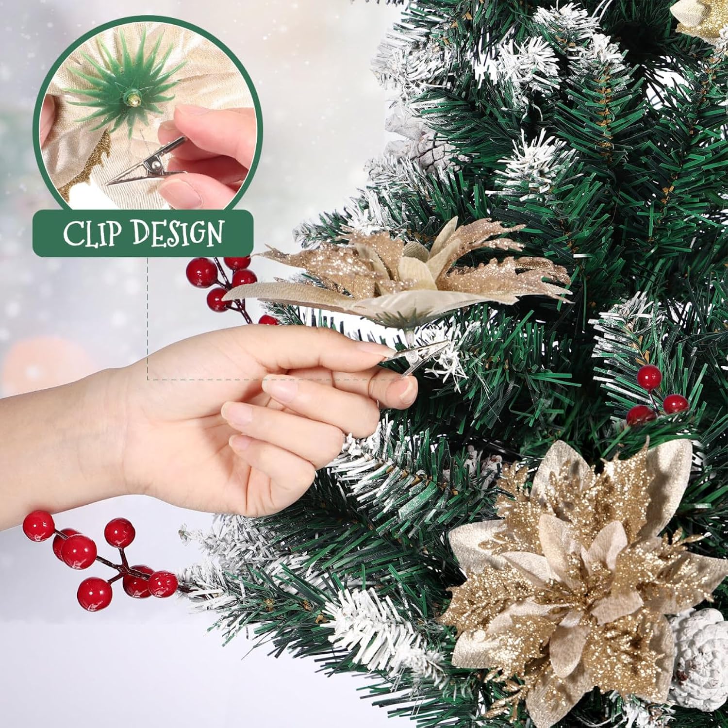 Christmas Poinsettia Flowers Glitter Poinsettias Gold Christmas Tree Decorations Artificial Flowers With Stems And Clips Xmas Wreath Ornaments, 12 Pieces,5.5 Inch
