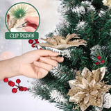Christmas Poinsettia Flowers Glitter Poinsettias Gold Christmas Tree Decorations Artificial Flowers With Stems And Clips Xmas Wreath Ornaments, 12 Pieces,5.5 Inch
