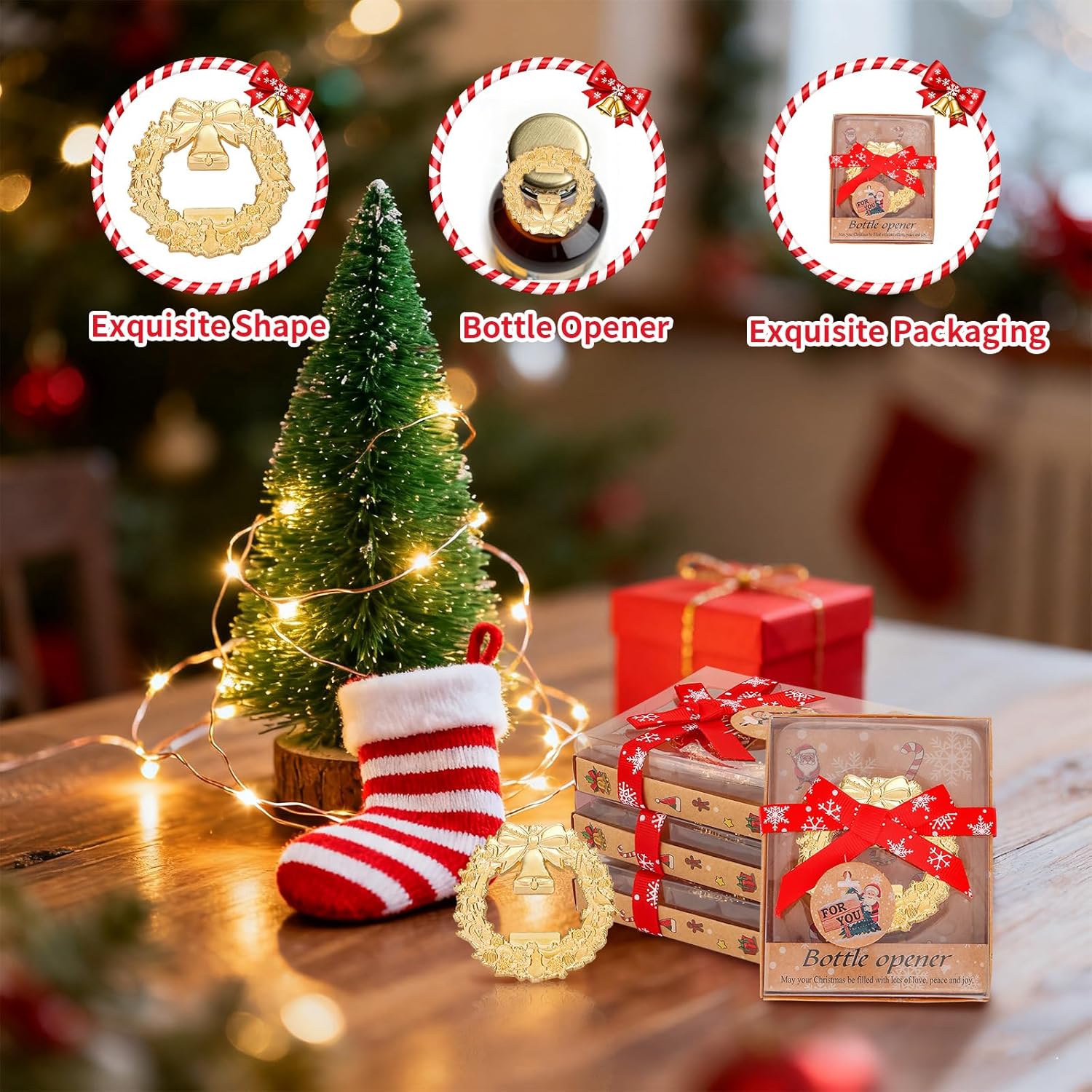 24Pcs Christmas Bottle Openers For Guest Christmas Wreath Bottle Openers Holiday Party Favors Gifts For Baby Shower Wedding Party Souvenirs(Gold Wreath)
