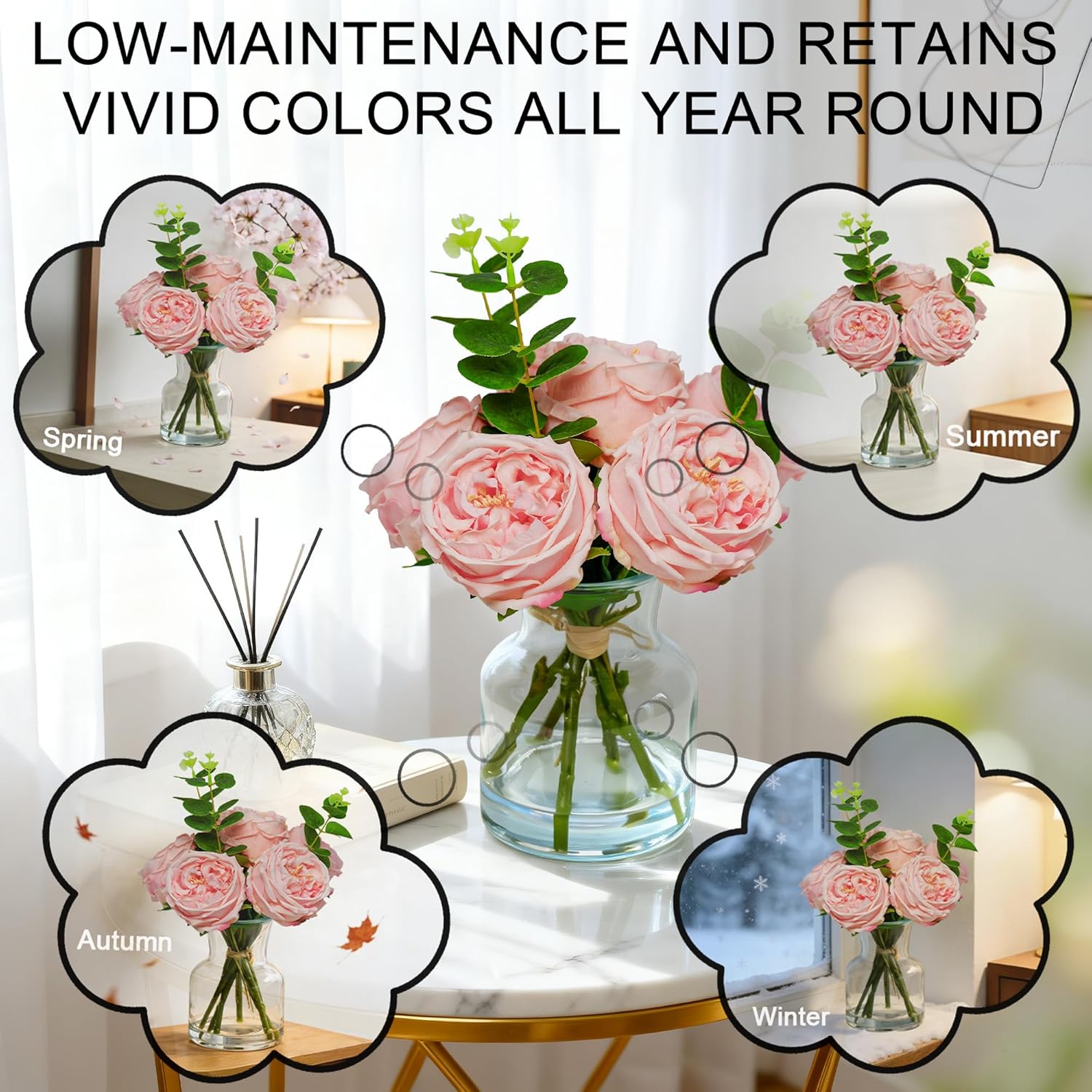 Peonies Artificial Flowers Indoor Faux Roses In Vase Real Touch Silk Flowers With Faux Water In Glass Vase Arrangement For Home Decor Office Bathroom Dining Table&Coffeetable Centerpiece