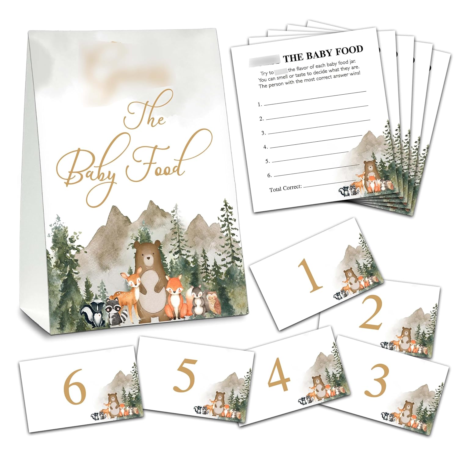 Find The Baby Food Party Games, Woodland Baby Shower Game Set (1 Standing Sign + 20 Answer Cards + 6 Number Cards), Safari Animals Name The Baby Food Game, Baby Shower Favors Decorations(02)