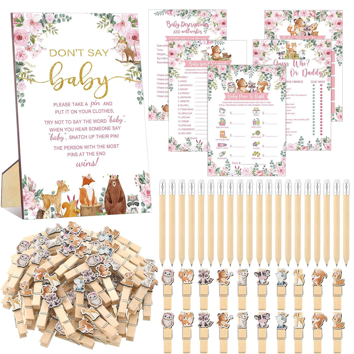 321 Pcs Woodland Animal Baby Shower Games Pink 5 Games Baby Shower Bingo Word Scramble Description And Well Wishes Price Is Right Guess Who Mom Or Daddy Don'T Say The Word Clothespin Pencil