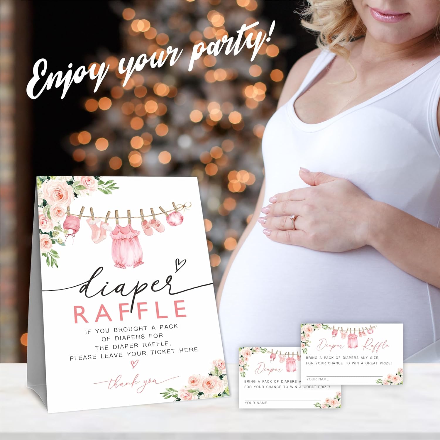 Baby Shower Diaper Raffle Game Kit - Floral & Accessories, 50 Tickets & 1 Standing Sign, Decoration For Shower, Gender Reveal, Announcement, Party Favor & Decorations - B03