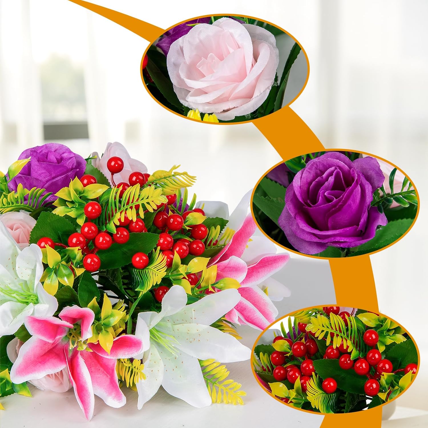 Artificial Cemetery Flowers With Vase, Set Of 2 Artificial Rose Lily Bouquet Grave Memorial Flowers For Cemetery Headstones Gravesites Outdoor Decoration (Purple&Pink)
