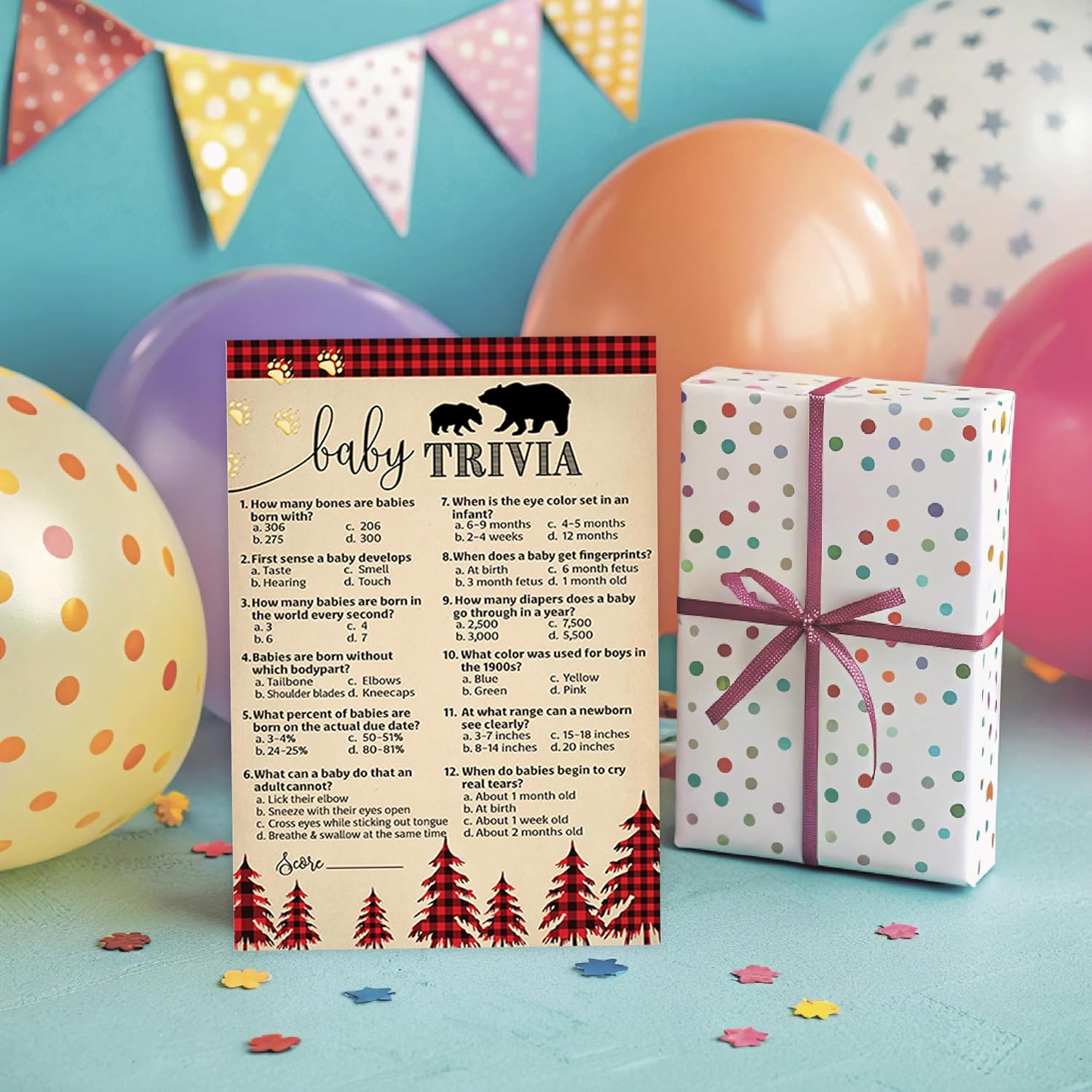 Lumberjack Baby Shower Game — Baby Trivia Game — Pack Of 25, Country Buffalo Plaid Rustic Boy Baby Shower Games, Lumber Jack Bear Red Plaid, Fun Baby Facts Game Gender Neutral Shower Activity G805-Trv