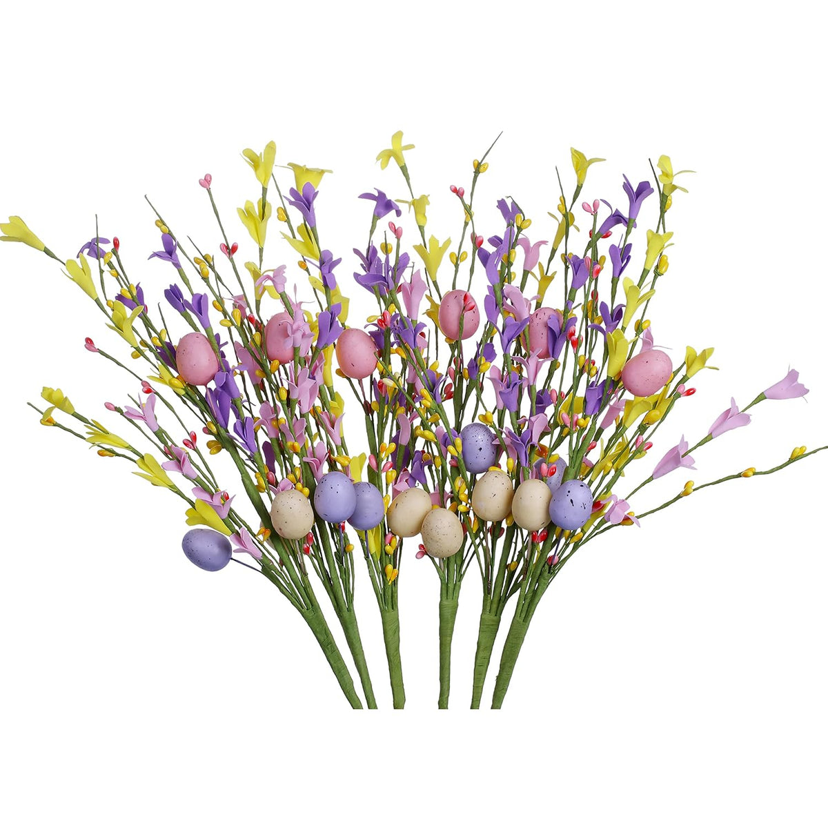 Easter Egg Stems,6Pcs 17In/43Cm Egg Picks With Forsythia Flowers For Flower Arrangement Vase Easter Decor