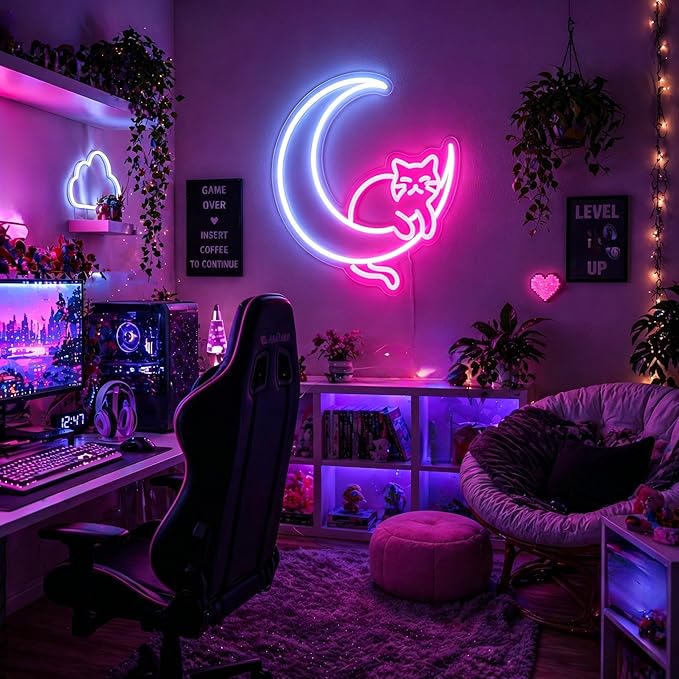 Moon Cat Neon Sign Pink White USB LED Wall Light for Bedroom Dimmable Room Decor