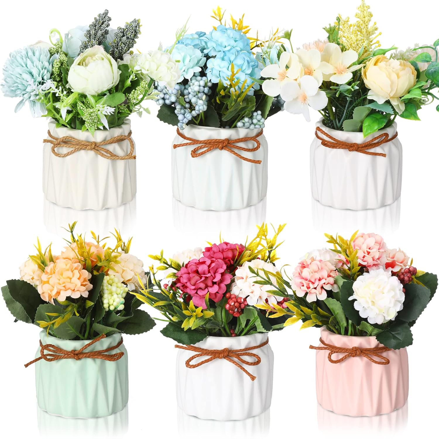 6 Pieces Artificial Hydrangea Flowers With Vase Faux Hydrangea Flowers Plastic Hydrangea Bouquet With Small Ceramic Vase Fake Hydrangea Flower Potted For Home Office Party Festival Wedding Table