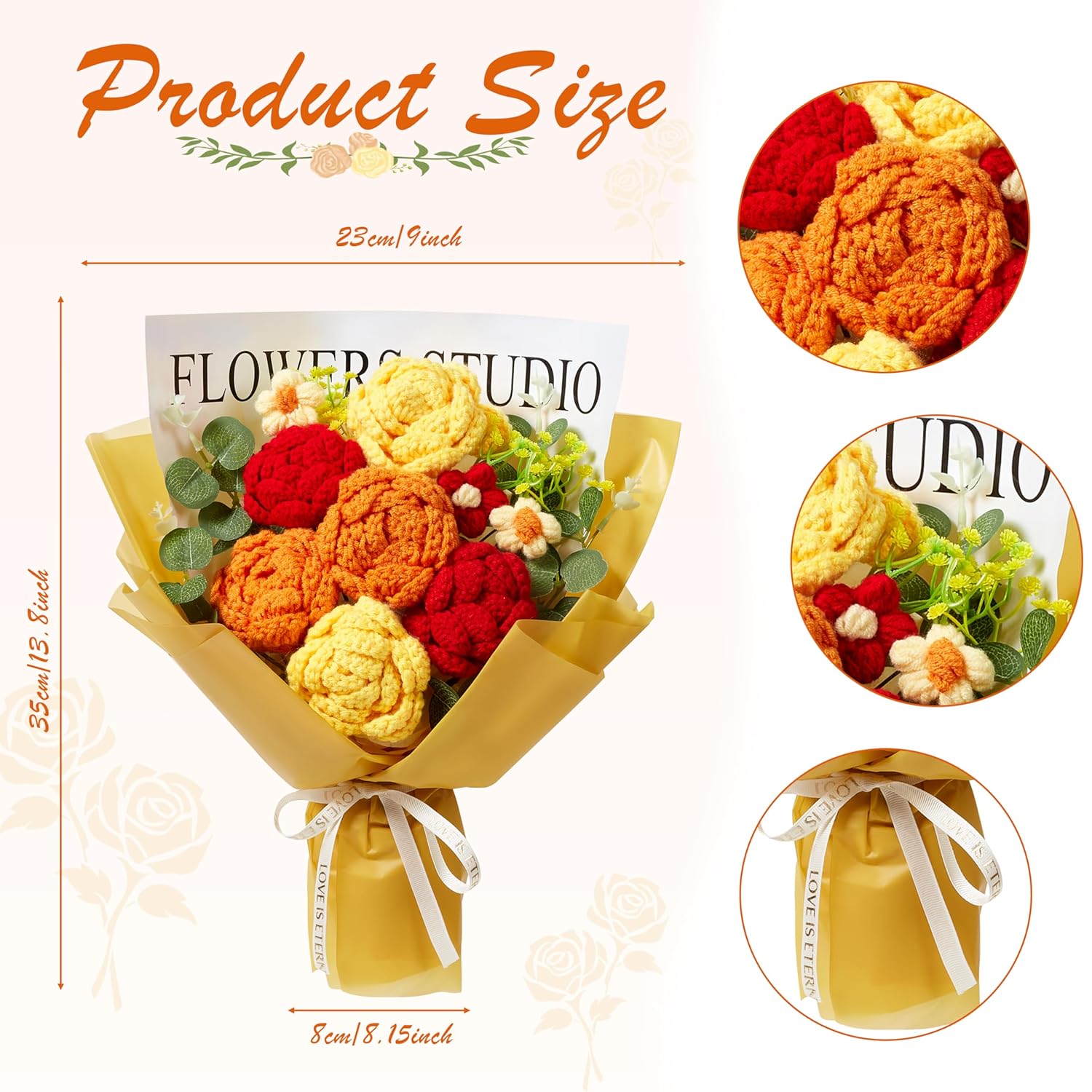 Orange Red Crochet Flower Bouquet, Orange Red Knitted Flowers Rose Crochet Bouquet Handmade For Wedding, Anniversary, Christmas, Graduation Crochet Gifts For Women (Includes Card)