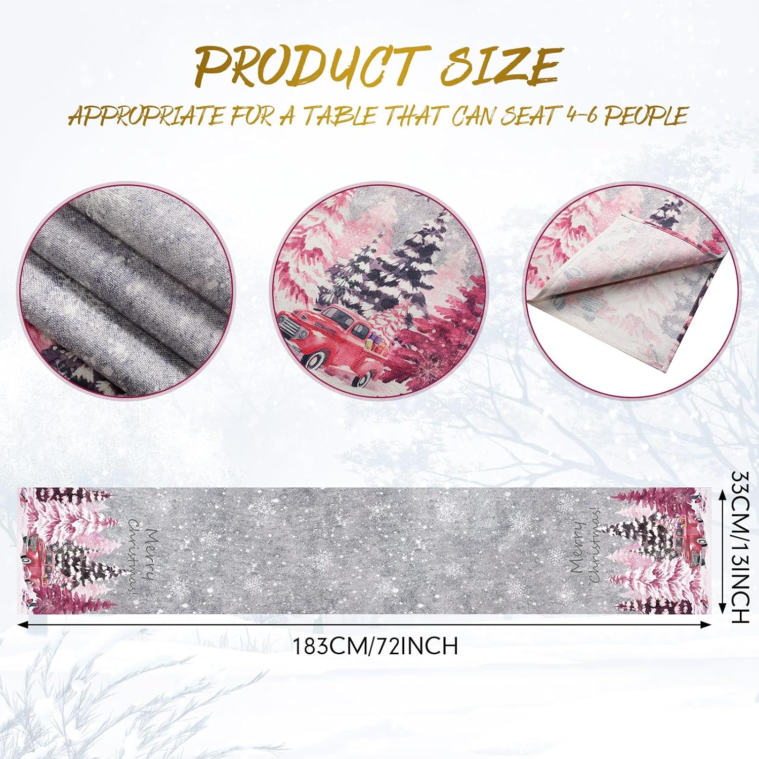 Christmas Tree Table Runner Snowflake Red Truck Table Runner Merry Xmas Farmhouse Winter Holiday Kitchen Dining Decoration For Indoor Outdoor Home Party Decor, 13 X 72 Inch, Pink