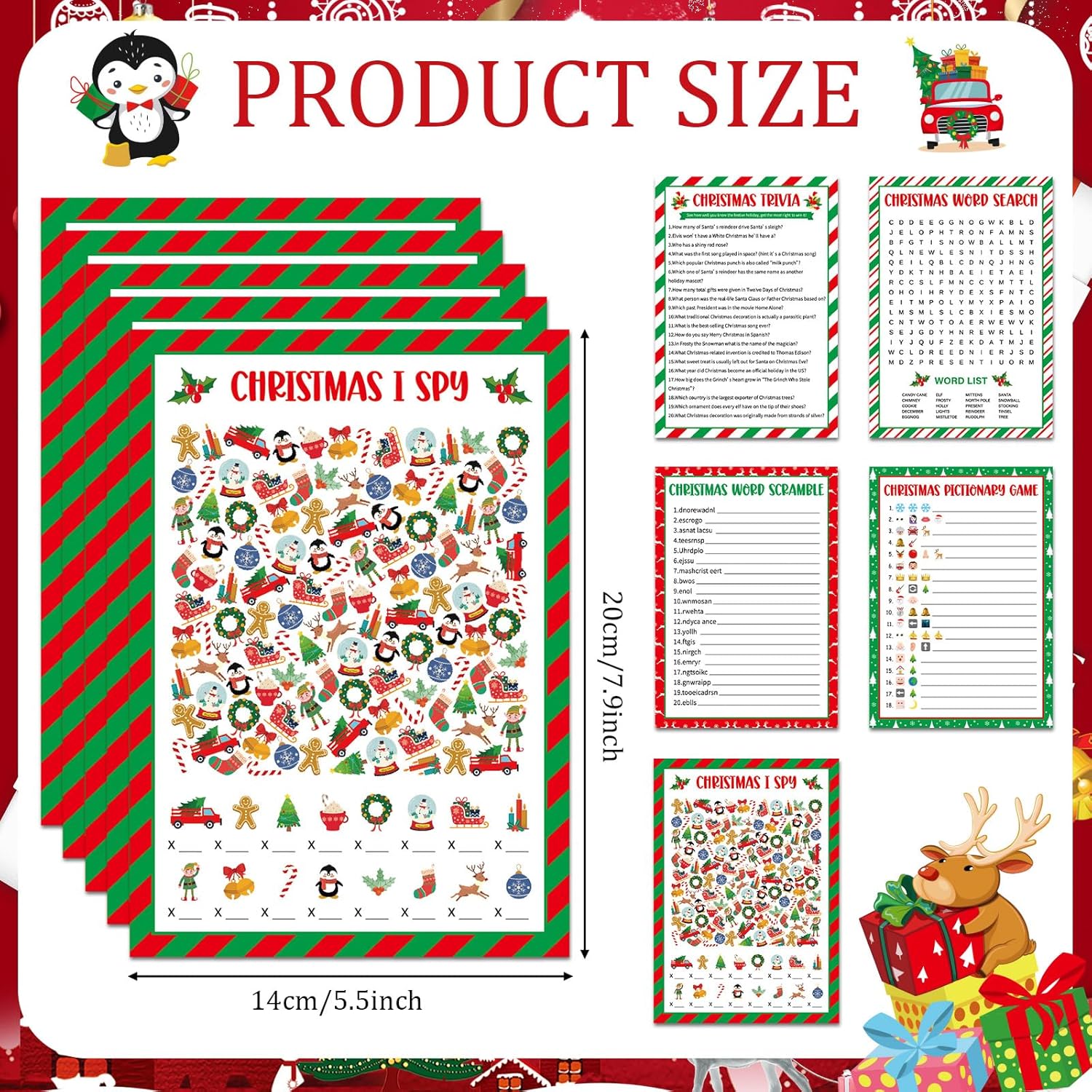 130Pcs Christmas Party Games Cards Set Xmas Trivia Pictionary Word Search Scramble Christmas I Spy Games Fun Holiday Activity For Family Friend Group Winter Xmas Holiday Party Supplies (Classic)