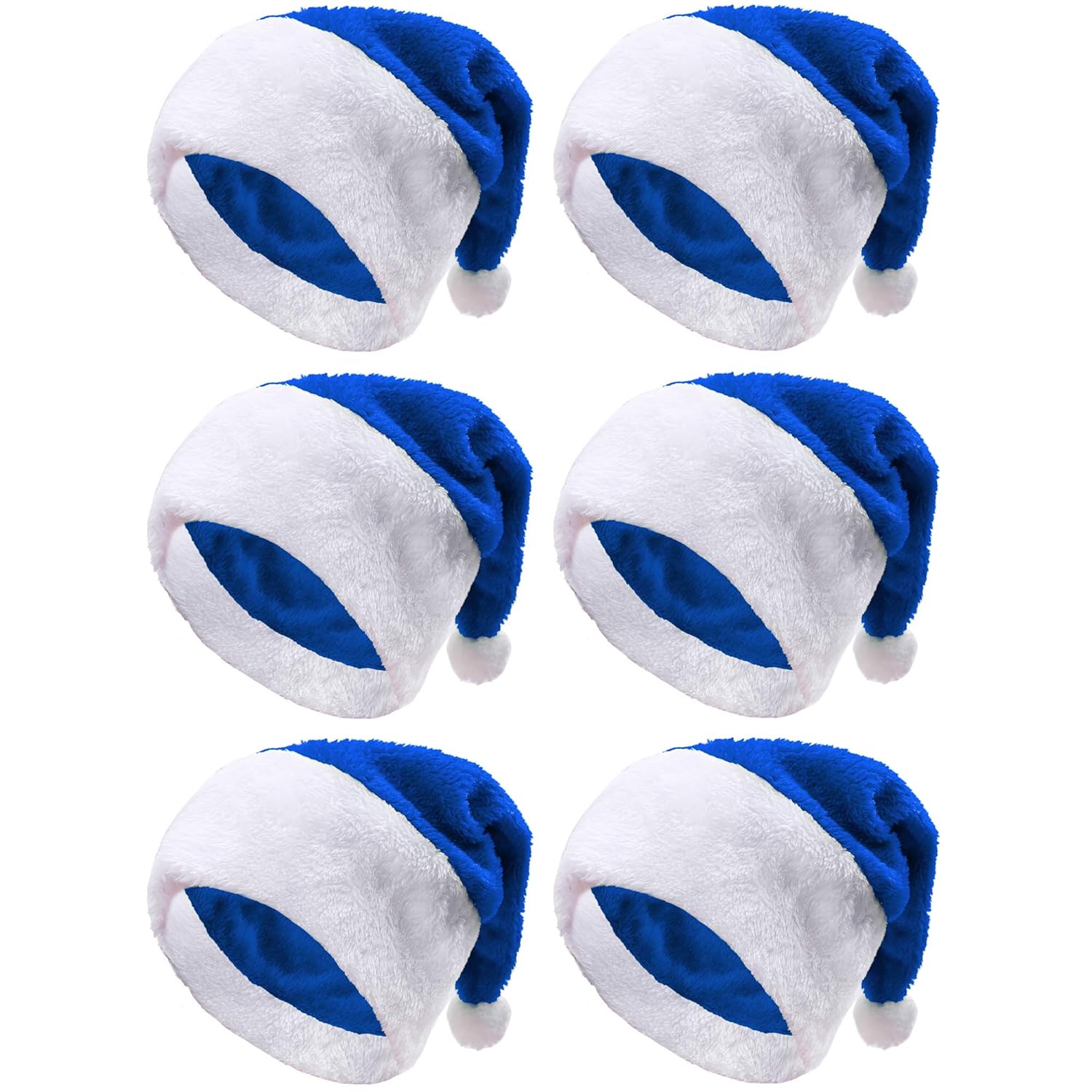 6 Pack Blue Santa Hats With White Cuffs, Short Plush Fabric Christmas Hats For Xmas Party Supplies