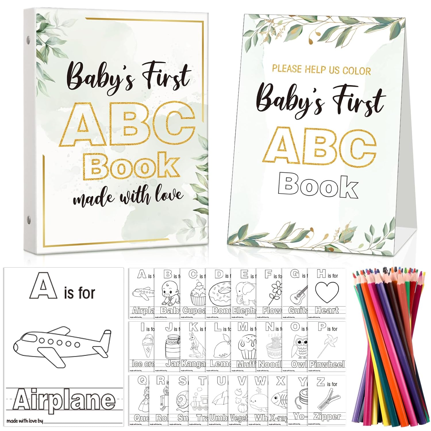 Baby Shower Game First Abc Book Baby Shower Activity Keepsake Game Abc Coloring Guest Book Alternative First Alphabet 26 Alphabet A To Z Coloring Card(Greenery)