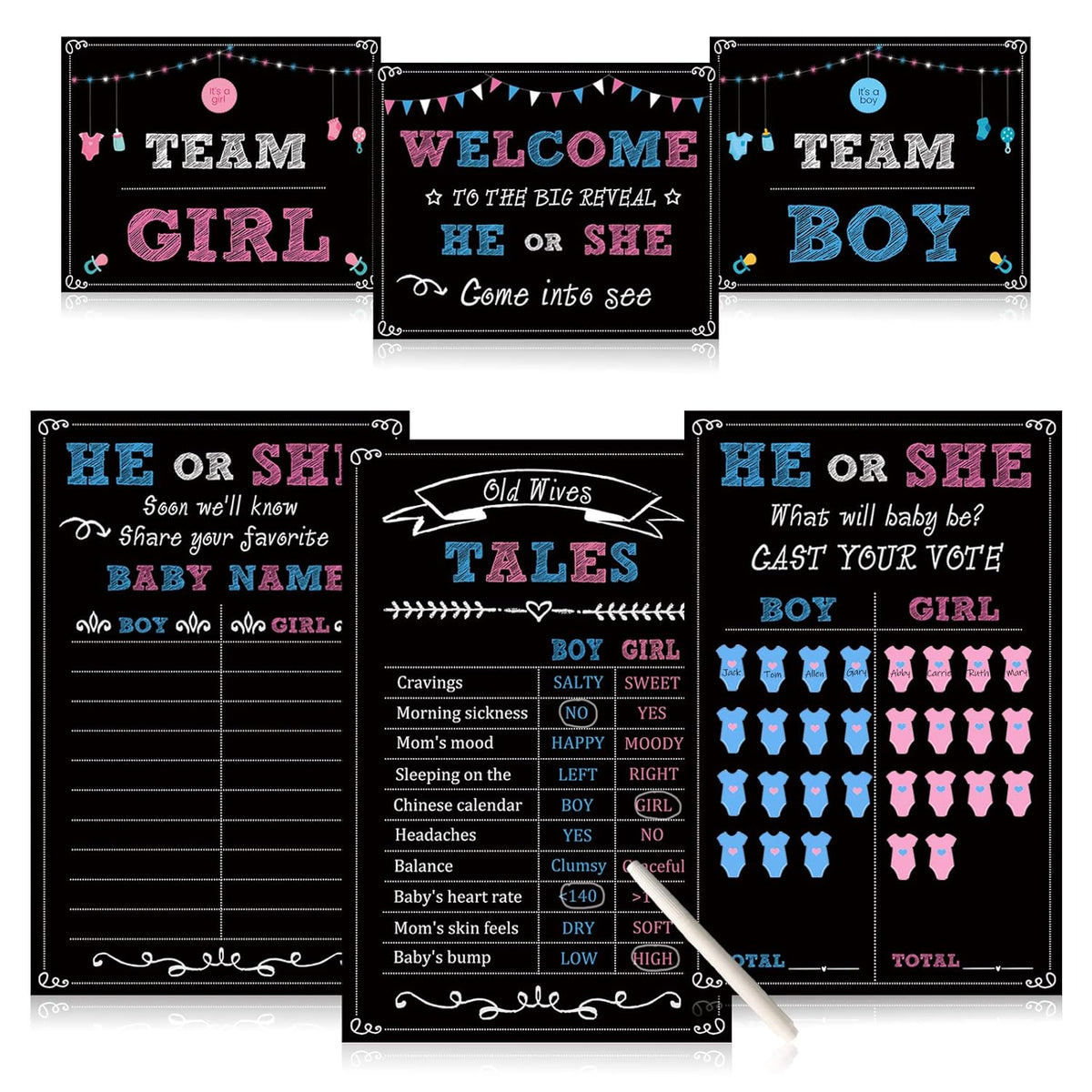 Baby Gender Reveal Party Supplies Kit, Photo Props Games Decorations,Boy Or Girl, Includes 3 Game Posters (11X17), 3 Signs (8X10), 1 Erasable Marker, 48 Blue And Pink Voting Stickers