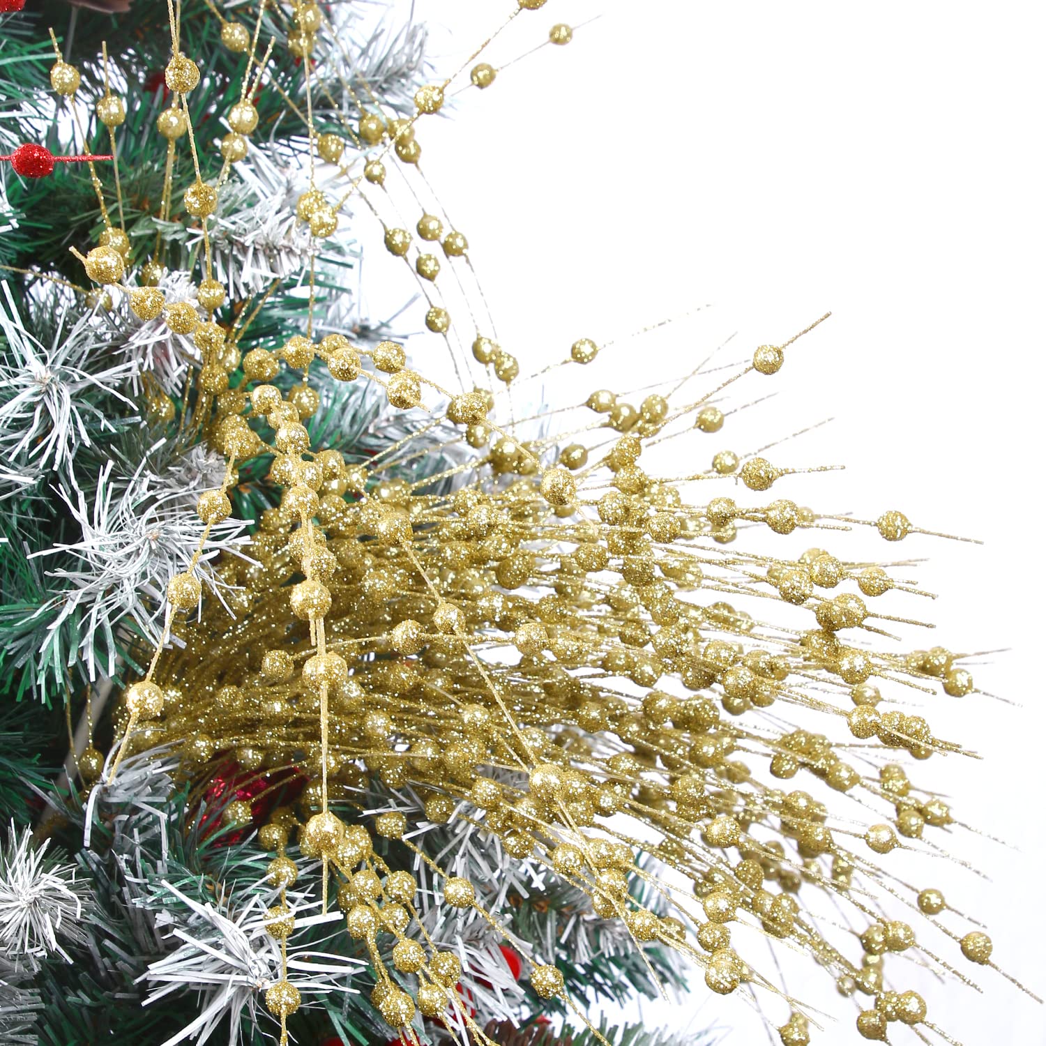 Gold Artificial Glitter Berry Stem Ornaments, 10 Pack 19.7 Inches Fake Christmas Picks Decorative Glitter Bead Sticks For Christmas Tree Diy Wreath Crafts Vase Gift Fireplace Holiday Home Decor