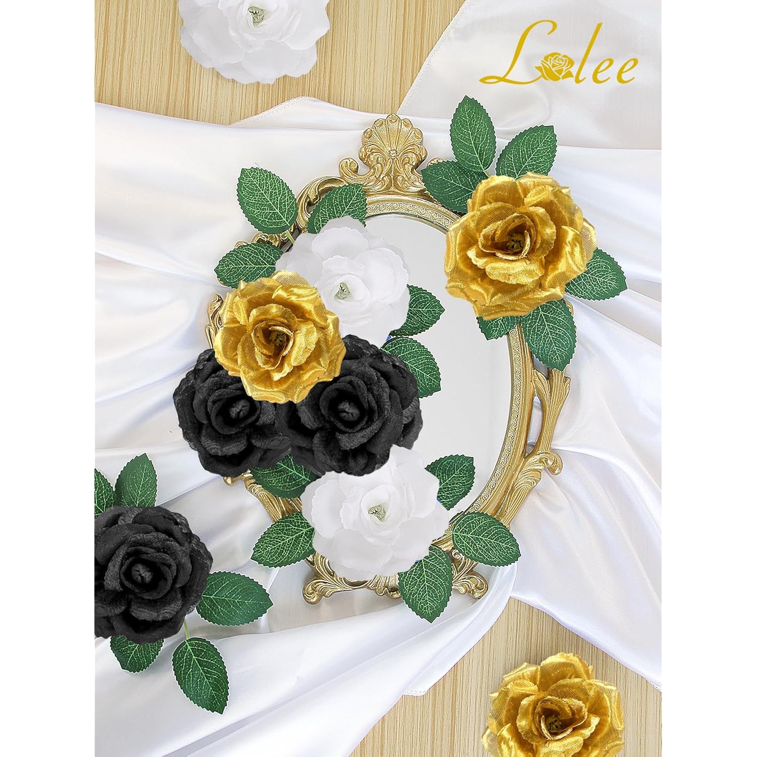 108Pcs Roses Head Flowers With Stem - Black Gold White Graduation Artificial Flowers Rose Bulk - Silk Rose Fake Flower For Birthday Wedding Baby Shower Centerpieces Gold Theme Grad Party Tables Decor