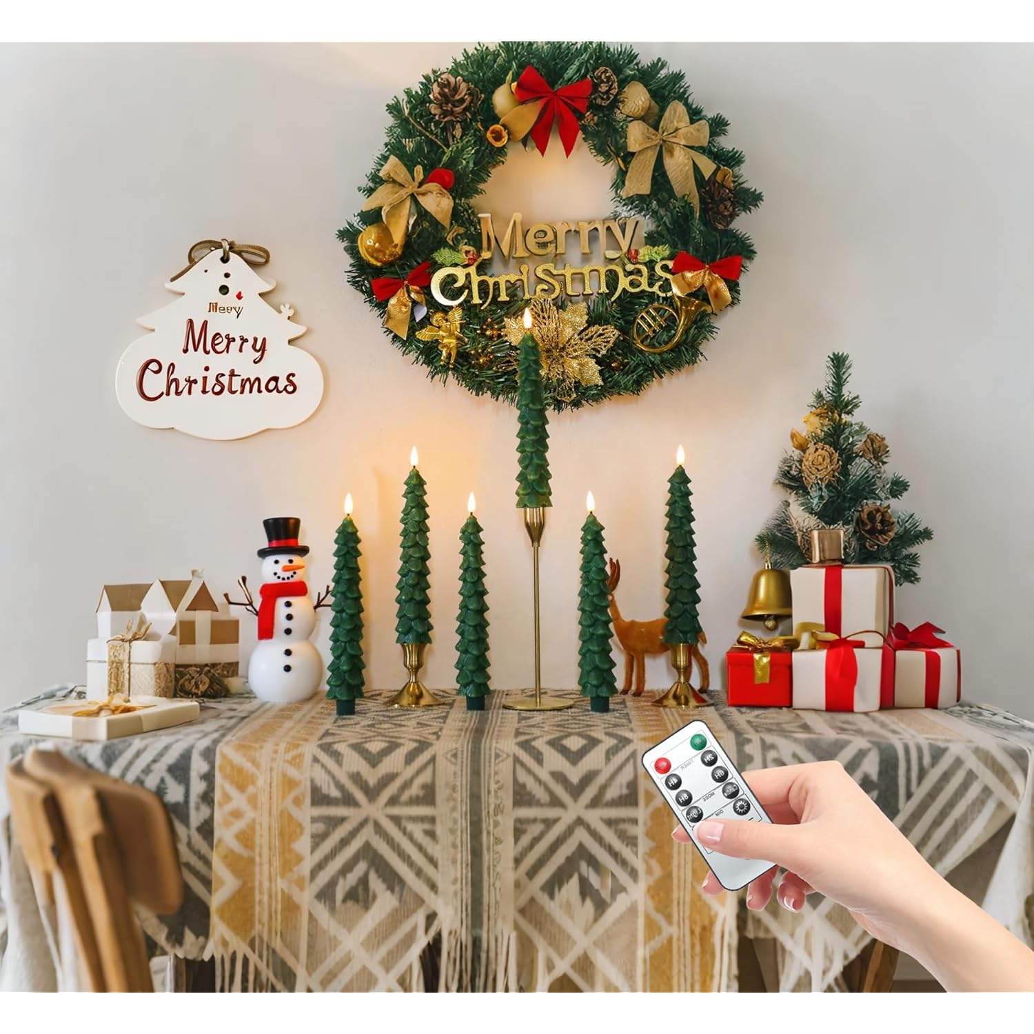 Christmas Tree Shaped Flameless Candlesticks Battery Operated With Remote And Timer, Set Of 4 Real Wax Led Taper Candles With 3D Flickering Wick For Christmas Decoration Gift