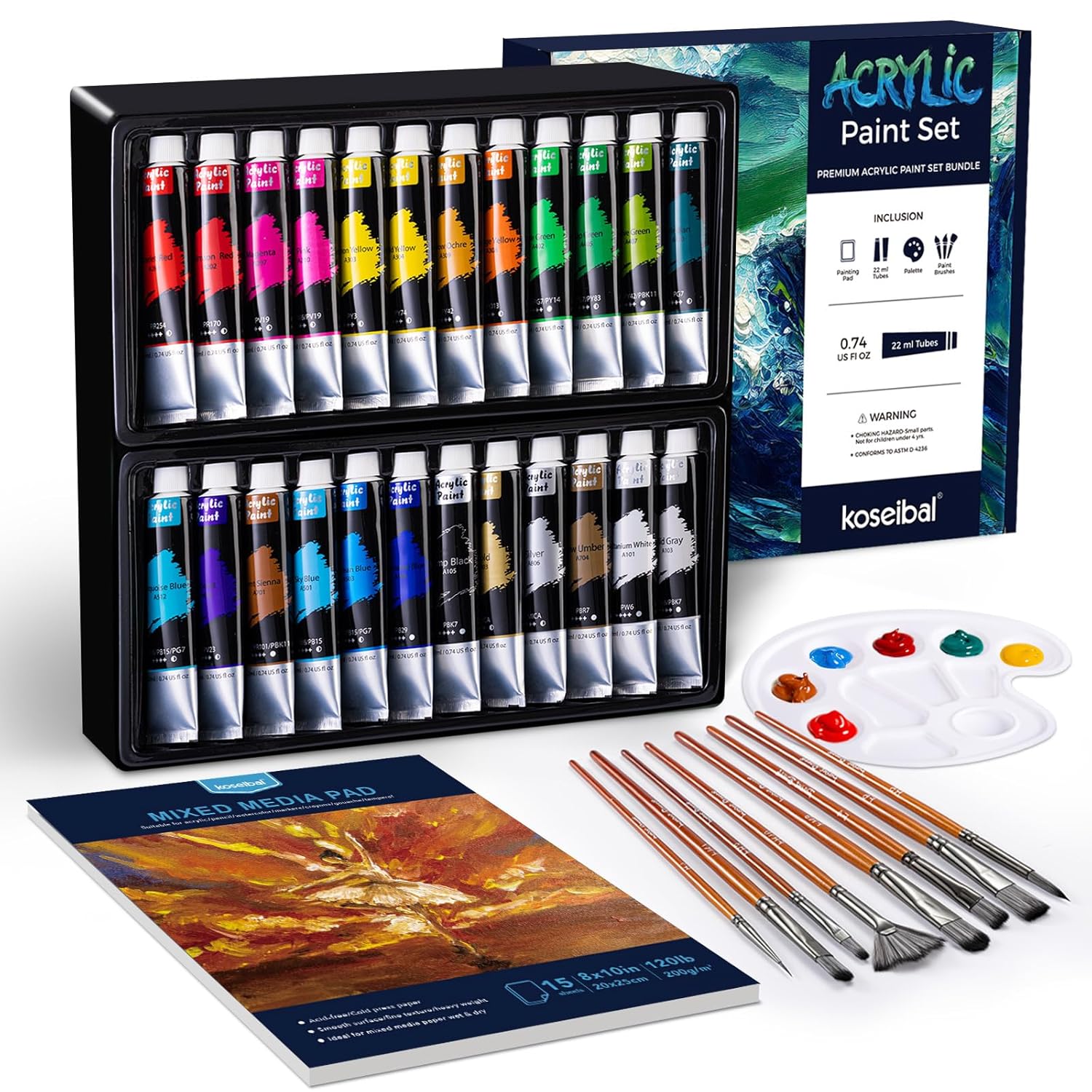 Acrylic Paint Set - Art Painting Supplies Kit For Kids & Adults With 24X22Ml Acrylic Paints, 8 Brushes, 1 Painting Pad & Palette - Idea Gift Painting Kit For Student