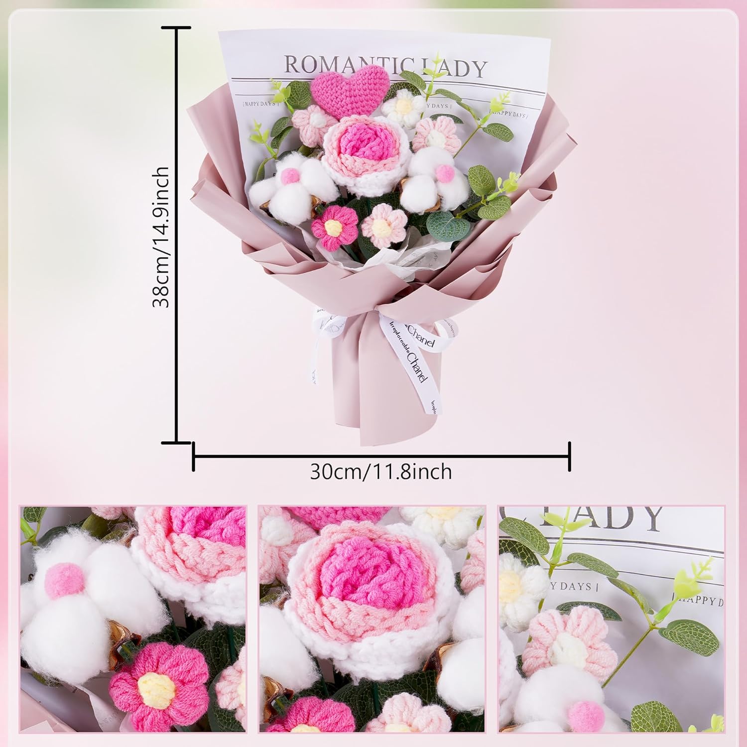 Crochet Flower Bouquet Handmade, Knitted Yarn Pink Heart Roses Bouquet For Women Girlfriend Wife Lover, Romantic Gifts For Valentine’S Day Wedding Anniversary Birthday Christmas Stuffer