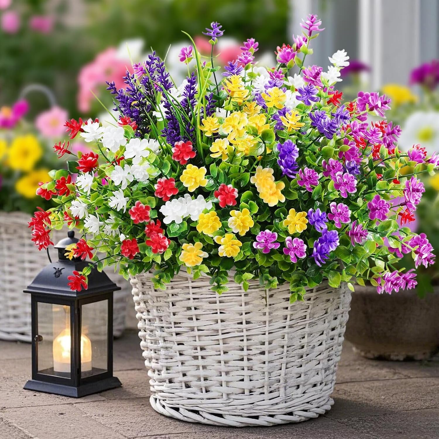 12 Pack Artificial Flowers & Plants For Outdoor Decor - Autumn Faux Eucalyptus & Lavender Greenery Shrubs - Fake Plants For Garden, Porch, Patio, Cemetery - Spring & Autumn Home Decoration