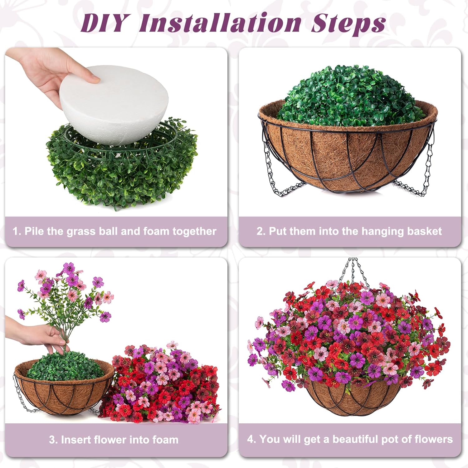 Artificial Silk Flowers Hanging Baskets Outdoors Indoors, Fake Daisy With Eucalyptus Leaves Arrangement For Garden Yard Spring Summer Decor Faux Green Plant(Red Brown Purple Pink)