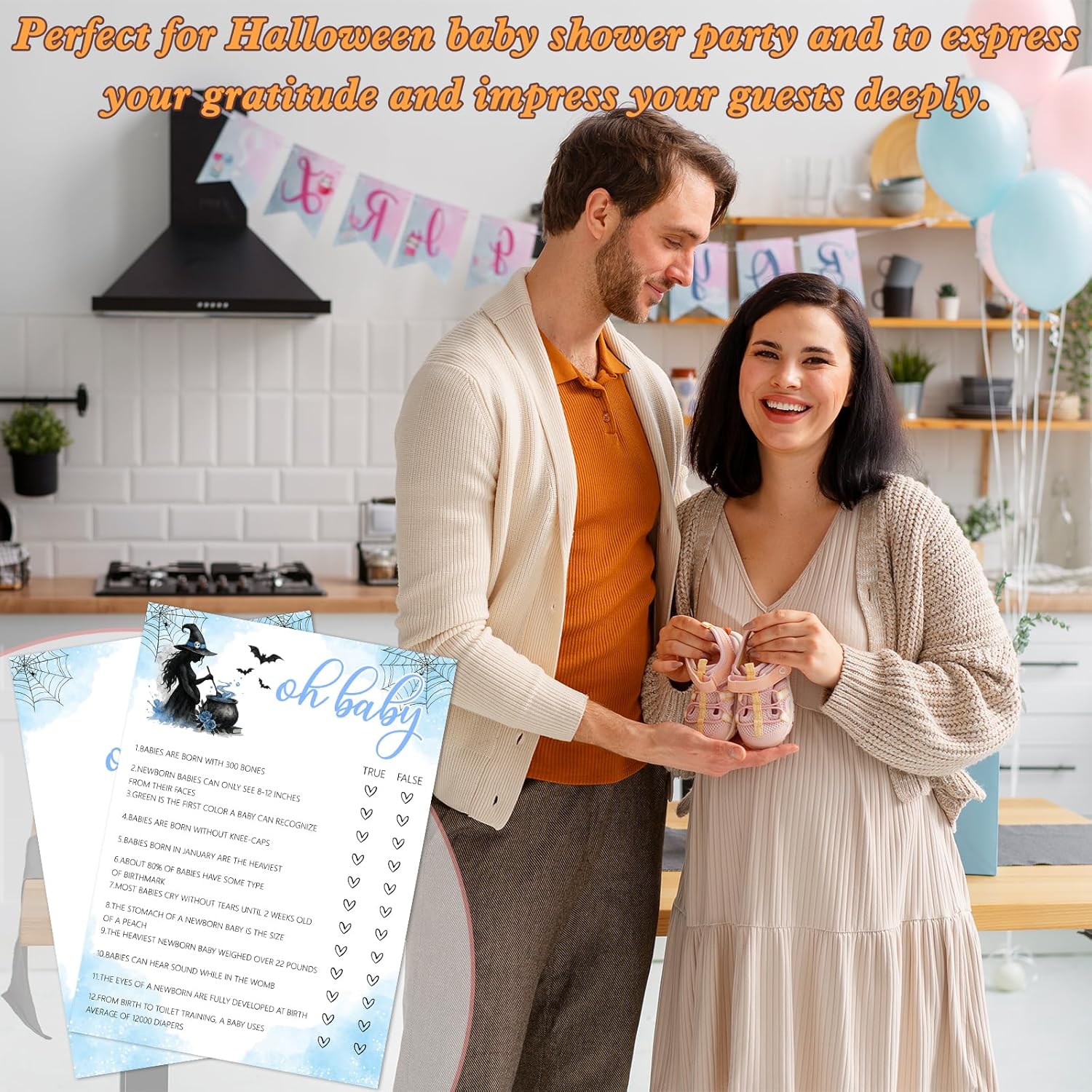 Hilarious Baby Shower Games, 25 Sets Halloween Oh Baby True Or False + Answer Card, Blue Witch Gender Reveal Game Cards For Party Announcement Supplies - B06