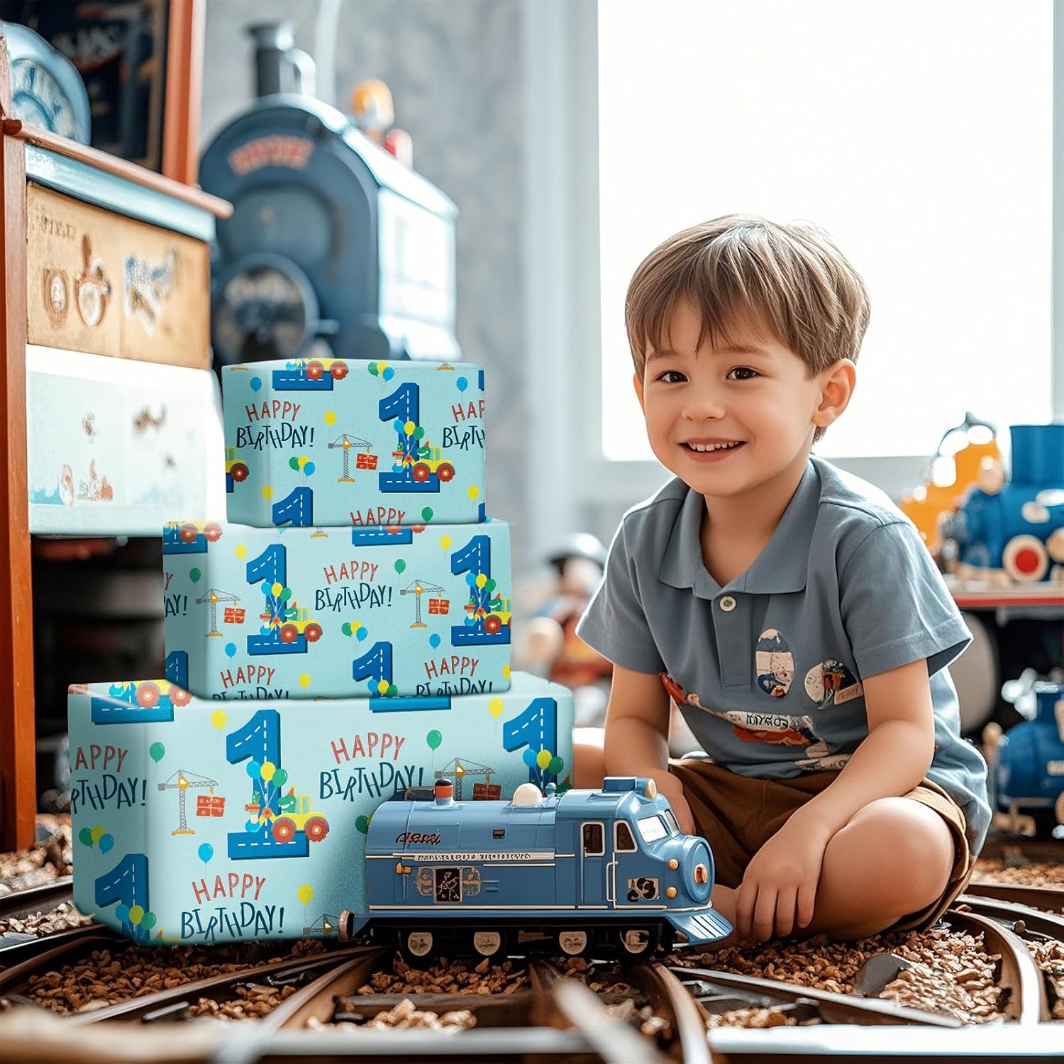 1St Birthday Boy Wrapping Paper - Mini Roll - Dinosaur Truck Happy Birthday Design For Boys' Birthday Party And More - 17 Inches X 16.4 Feet - 1 Year Old