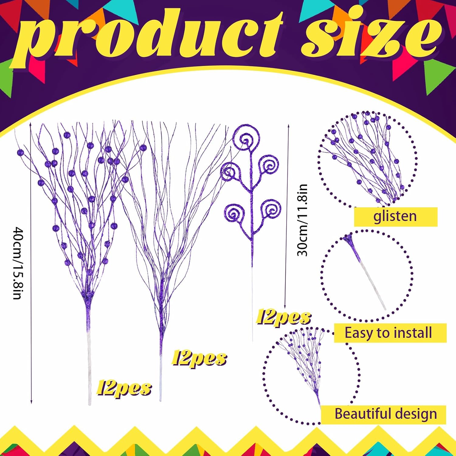 36 Pcs Mardi Gras Decoration 15.8 Inch Mardi Gras Tree Picks Artificial Glitter Purple Green Gold Berry Stems Ornaments For Carnival Party Home Decoration