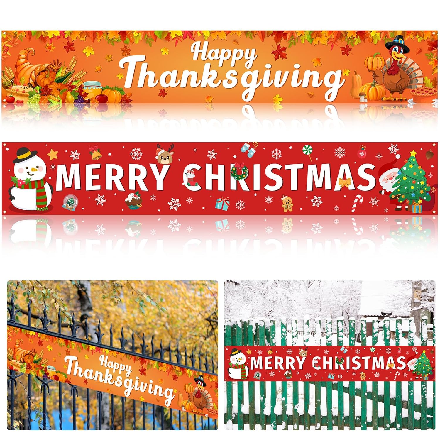 2 Pcs Large Happy Thanksgiving Merry Christmas Banner Decorations Outdoor 120 X 20 Inch Fall Autumn Party Snow Yard Xmas Holiday Supplies Home Decor For Garden House Garage Porch Indoor Gifts