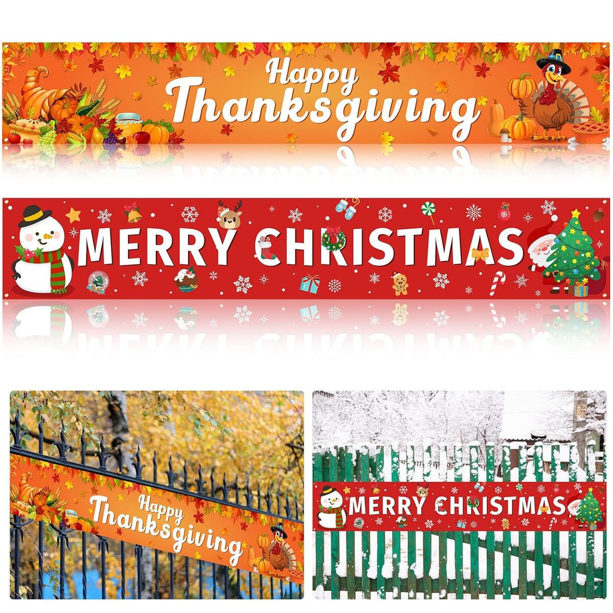 2 Pcs Large Happy Thanksgiving Merry Christmas Banner Decorations Outdoor 120 X 20 Inch Fall Autumn Party Snow Yard Xmas Holiday Supplies Home Decor For Garden House Garage Porch Indoor Gifts