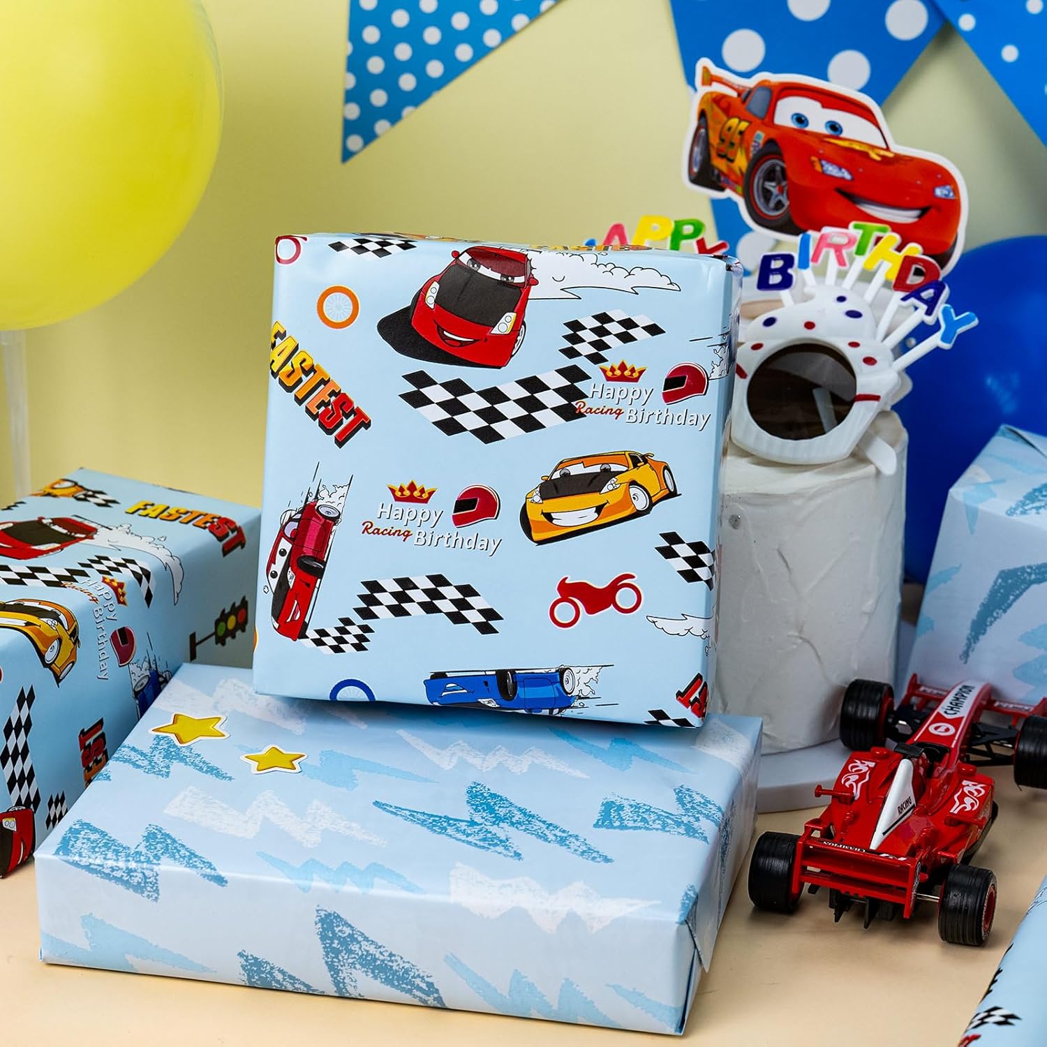 Blue Birthday Wrapping Paper Roll - 17 In X 16.4 Ft(23.3 Sqft) - Boys Wrapping Paper For Celebrate Party, Baby Shower With Race Car, Happy Birthday Text And Lightning Pattern