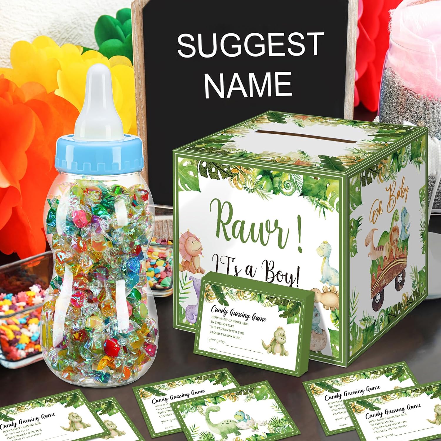 52 Pcs Baby Shower Games Gift Sets Large Baby Bottle For Shower Game Guess How Many Candies Baby Shower Decorations For Baby Shower Favors Games Gender Reveal(Dinosaur Style)
