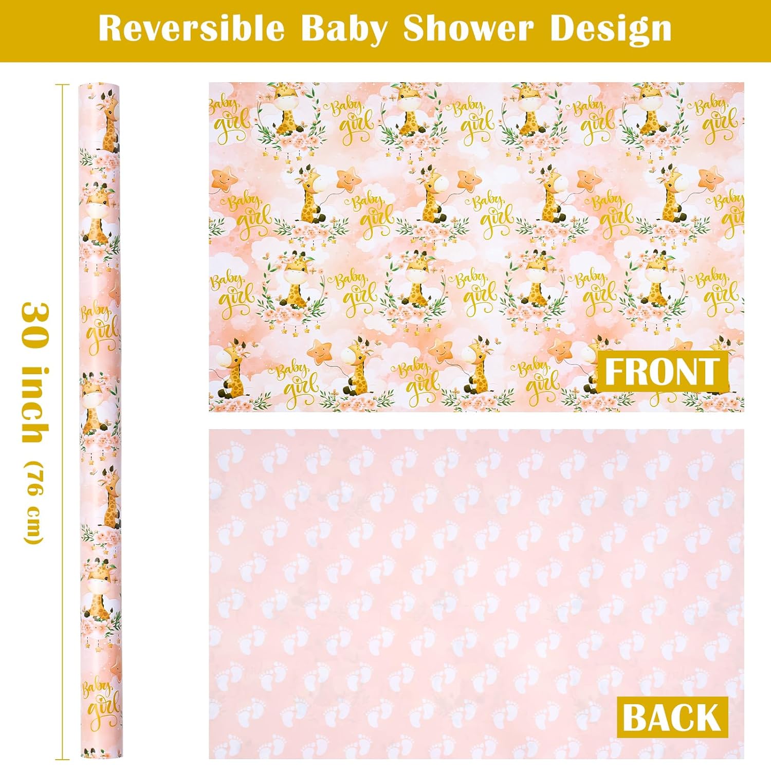 30 Inch Reversible Baby Girl Wrapping Paper Roll - 30 Inch X 33 Feet - Cute Giraffe And Baby Footprints Design For Kids Girls Baby Shower, Birthday