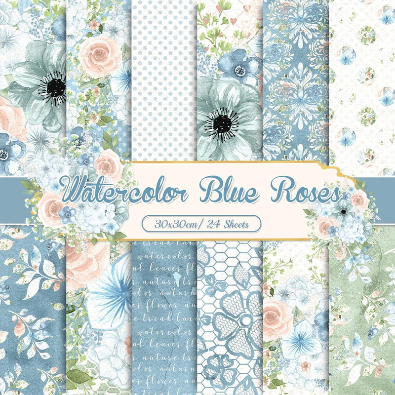 24Pcs Blue Floral Pattern Paper 30X30Cm Watercolor Flower Double-Sided Scrapbo