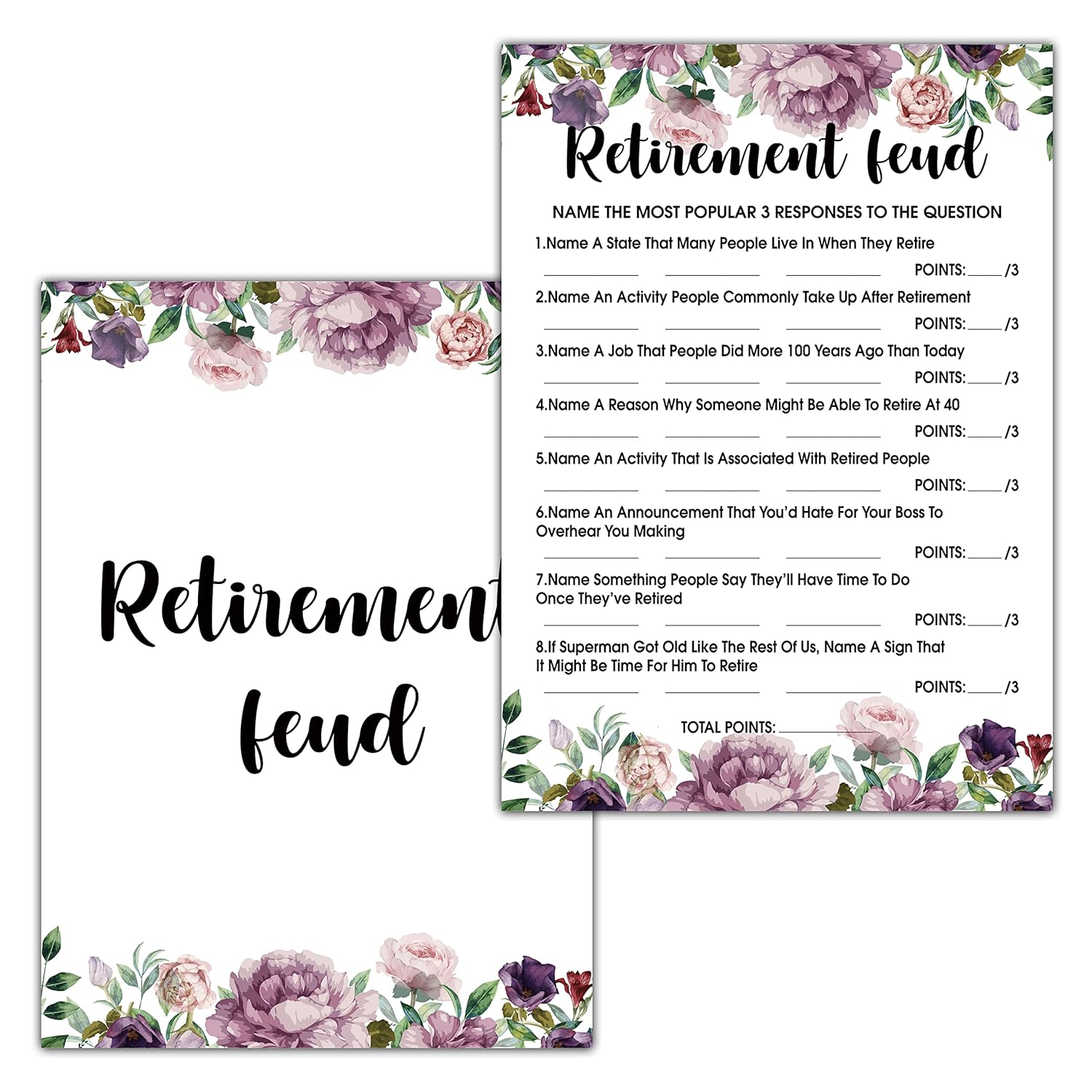 Retirement Feud Co-Worker Party Game - Purple Floral Retirement Ideas Activities Supplies Decorations (30 Game Cards & 1 Answer Card) - B06