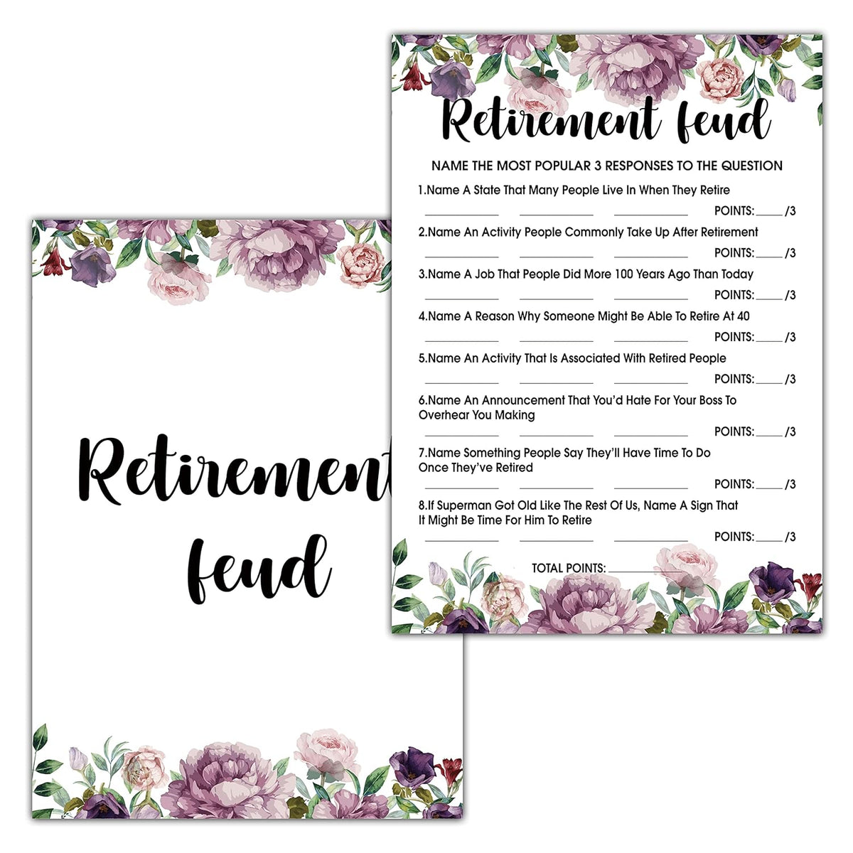 Retirement Feud Co-Worker Party Game - Purple Floral Retirement Ideas Activities Supplies Decorations (30 Game Cards & 1 Answer Card) - B06