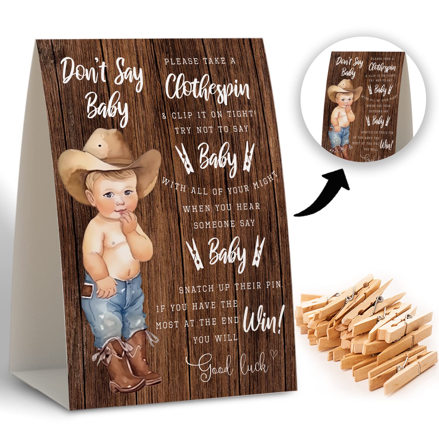 Don'T Say Baby Clothespin Games,Cowboy Baby Shower Game (Pack Of 1 Sign And 50 Mini Clothespins),Baby Shower Decorations,Baby Shower Game Gender Neutral,Party Favors Supplies - 08