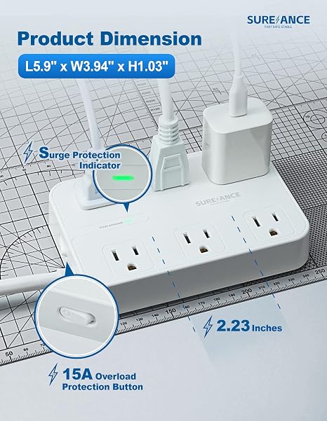 6 Outlet Surge Protector Power Strip 4 USB Ports USB C 1050J 6 Ft Flat Plug