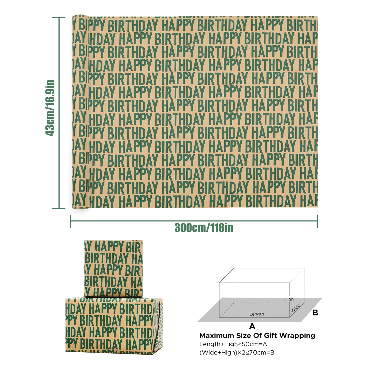 Green Birthday Wrapping Paper, Minimal Emerald Greens Large Happy Birthday Repeating Script Wrapping Paper - 1 Mini Roll 17Inch X10 Ft Per Roll - Green Kraft Gift Wrap For Birthdays Party