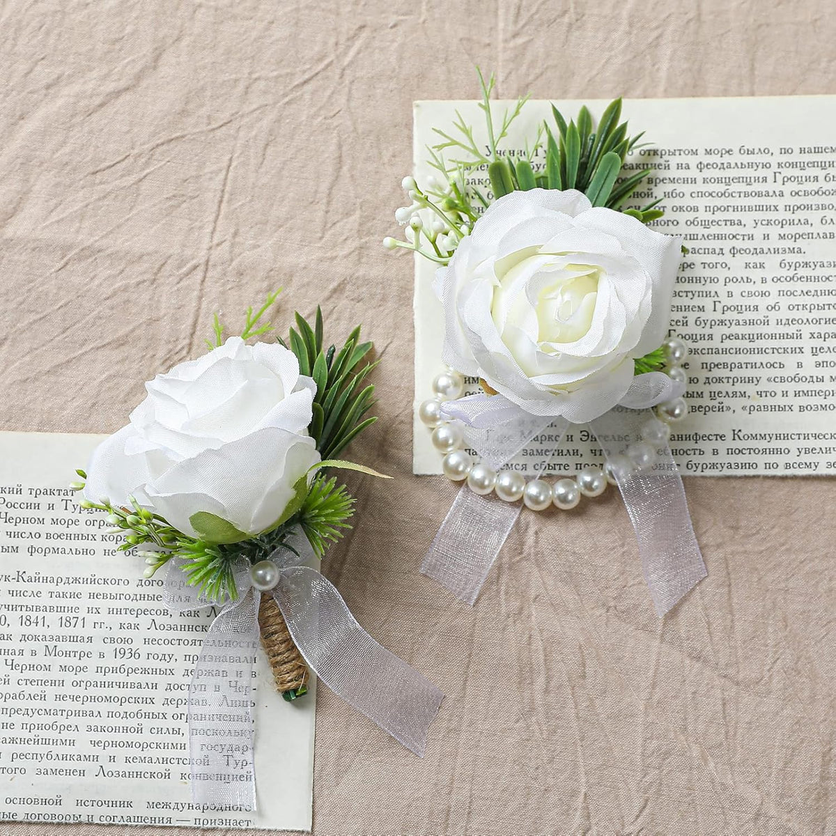 Artificial Flowers White Rose Wrist Flowers And Men'S Corsage Wedding Flowers Ceremony Prom Flower (1 Boutonniere & 1 Wrist Corsage White)