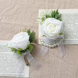 Artificial Flowers White Rose Wrist Flowers And Men'S Corsage Wedding Flowers Ceremony Prom Flower (1 Boutonniere & 1 Wrist Corsage White)
