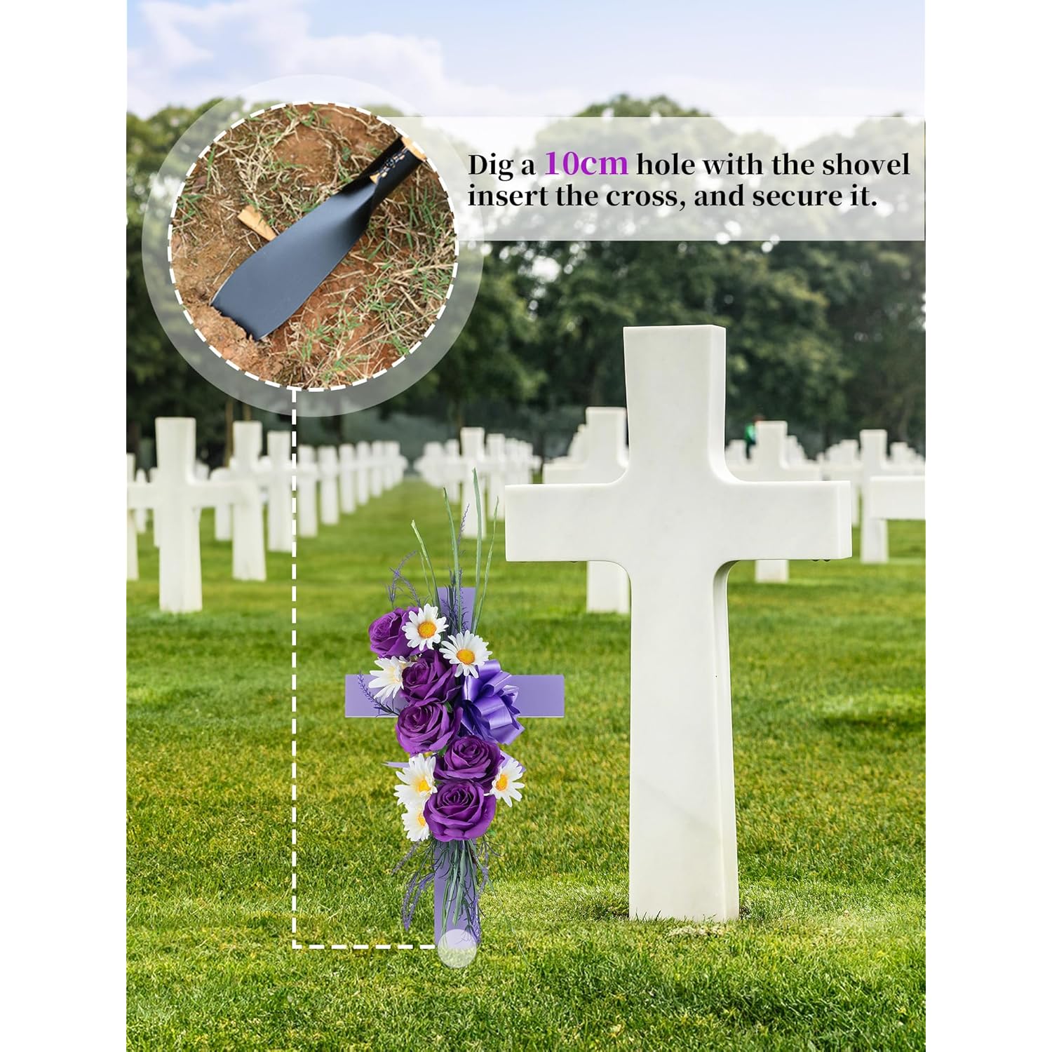 Cross For Cemetery Grave With Flowers: Outdoor Easter Grave Decorations For Cemetery - Purple Roses Artificial Flowers Memorial Wooden Cross For Gravesites