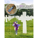 Cross For Cemetery Grave With Flowers: Outdoor Easter Grave Decorations For Cemetery - Purple Roses Artificial Flowers Memorial Wooden Cross For Gravesites