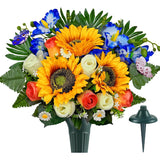 Artificial Cemetery Flowers For Grave Decorations: Sunflower, Rose, Cattleya Bouquet With Vase – Ideal For Sympathy & Memorial Tributes