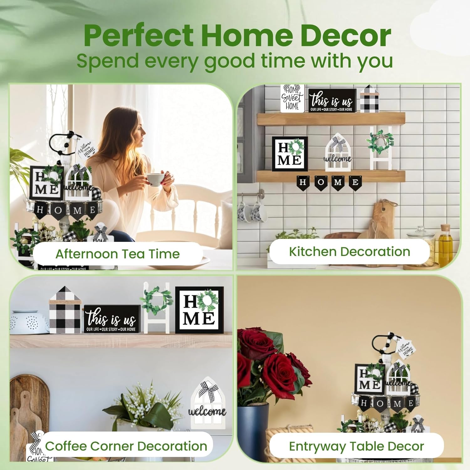 Tiered Tray Decor Set For Rustic Home Country Kitchen Dining Room Living Room Table Decorations Farmhouse Modern White And Black Tray Decorative With Wooden Beads And Board (No Tray)